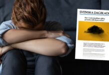 Bild på nedstämd kvinna och Svenska Dagbladets artikel.